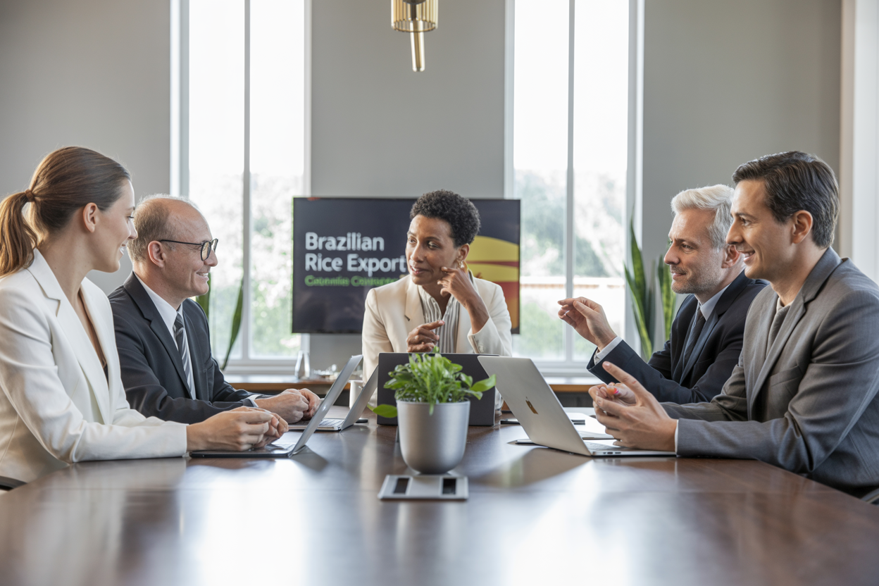 Brazilian rice exporter leadership team in modern office meeting