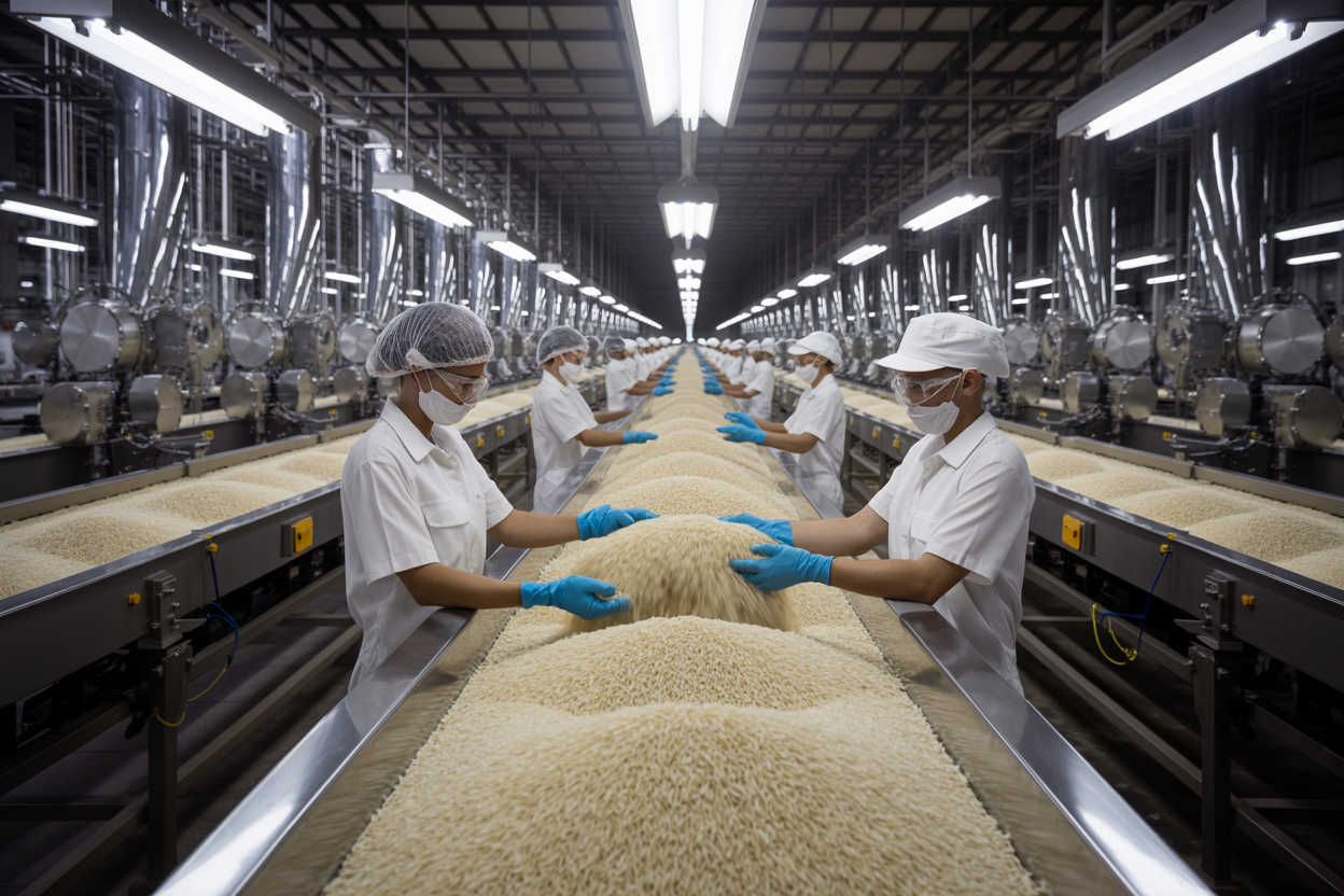 Rice processing facility showcasing quality control and export operations