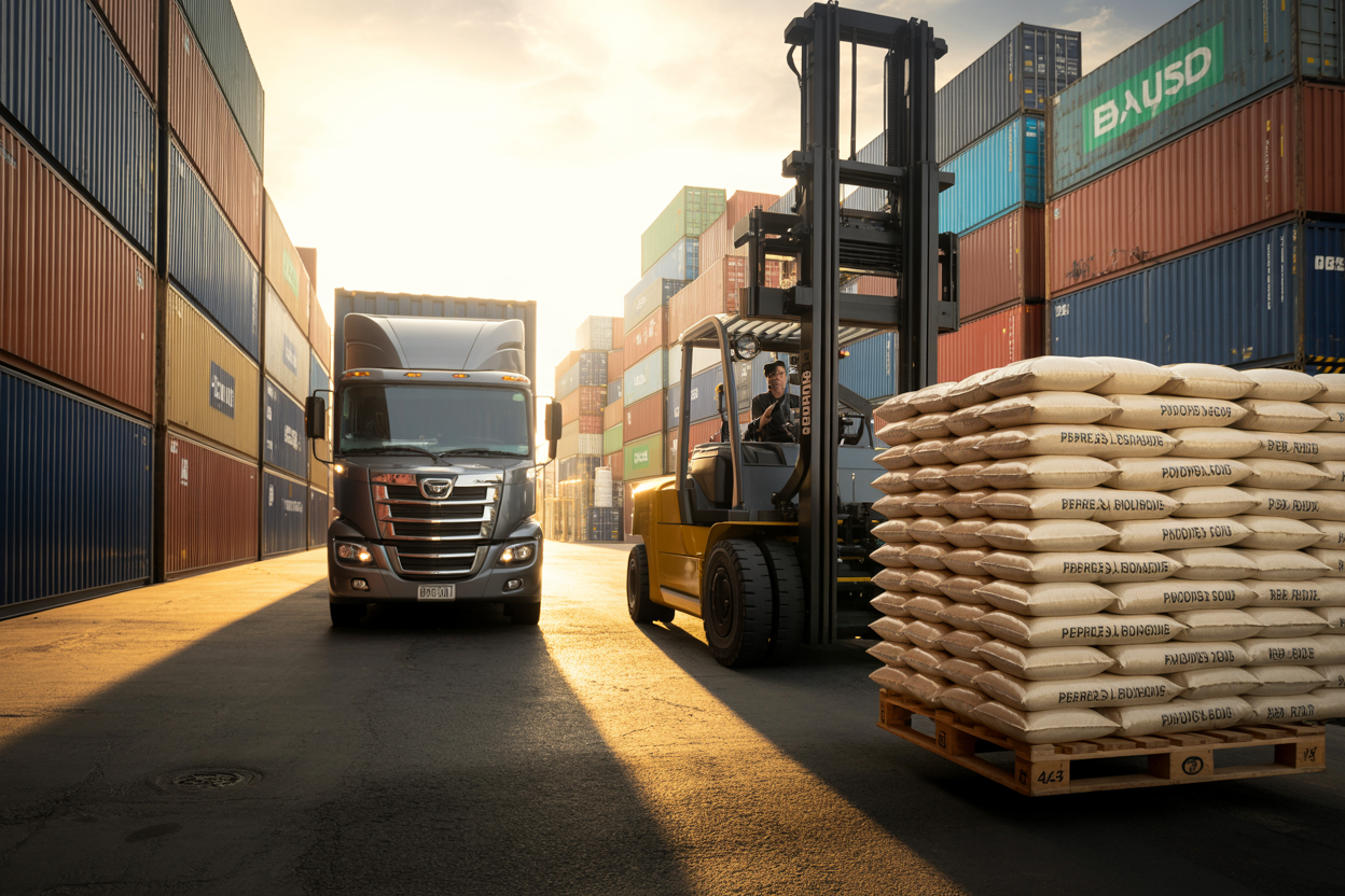 Brazilian rice export logistics at port with shipping containers