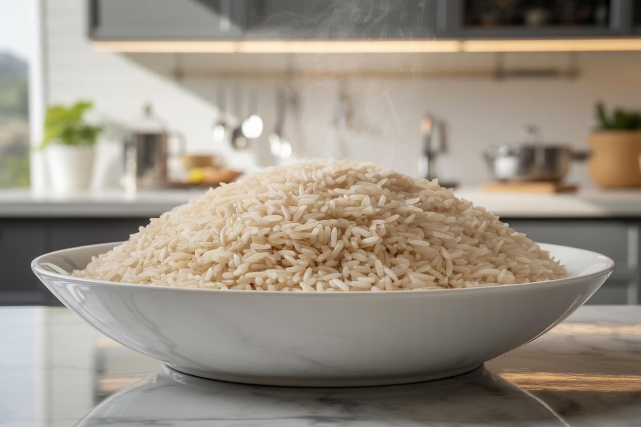 Close-up of Brazilian long grain parboiled rice grains in a bowl