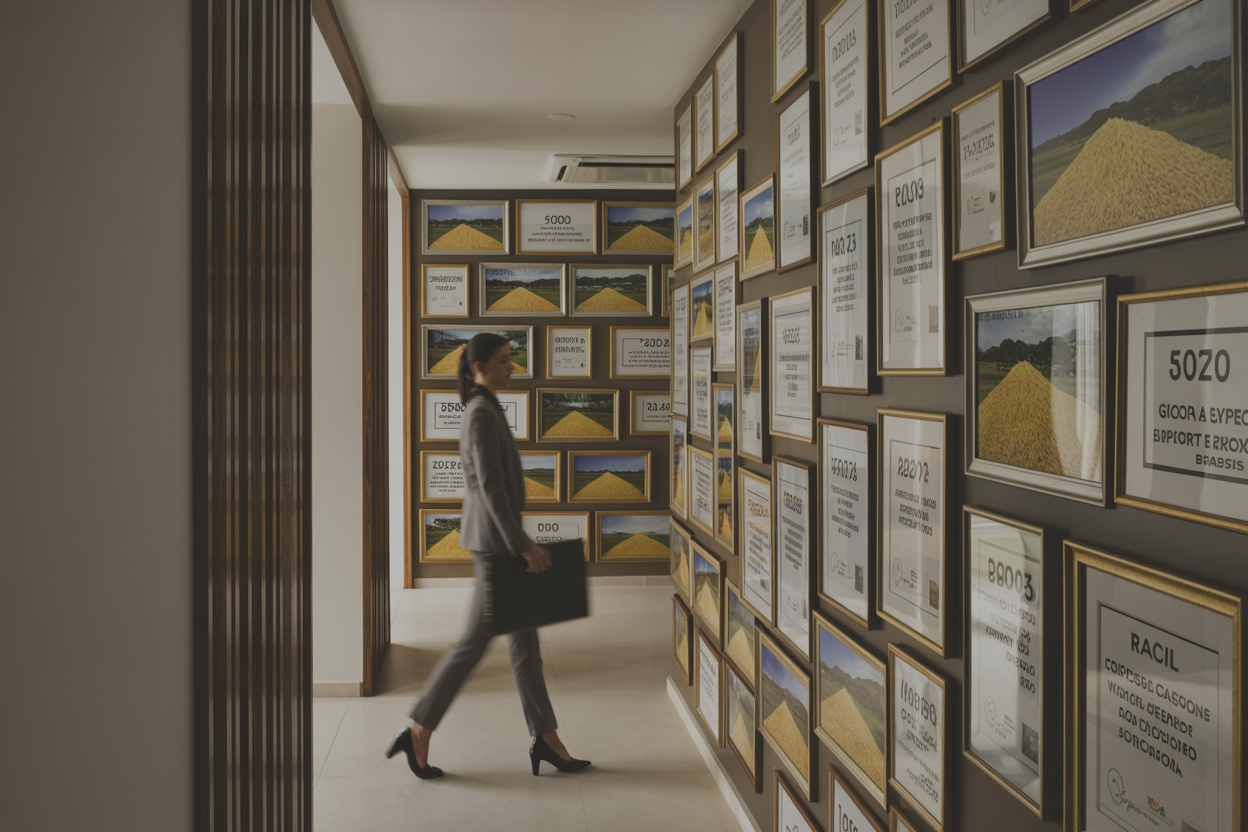 Historic milestones of Brazilian rice exporter on office timeline wall