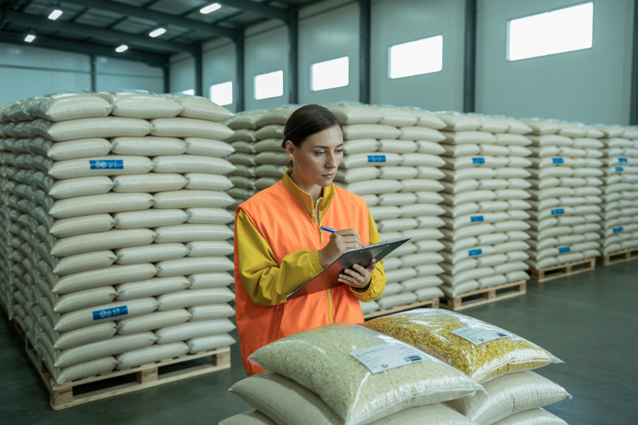 Brazilian long grain parboiled rice arranged in a warehouse quality inspection