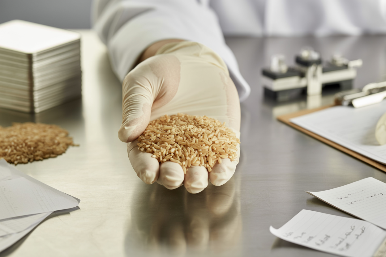 Hand holding Brazilian long grain parboiled rice for quality inspection