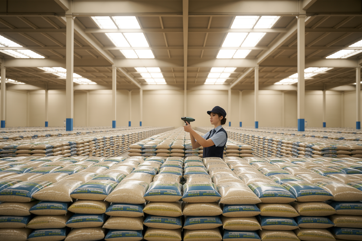 Rice export warehouse with organized inventory and packaging