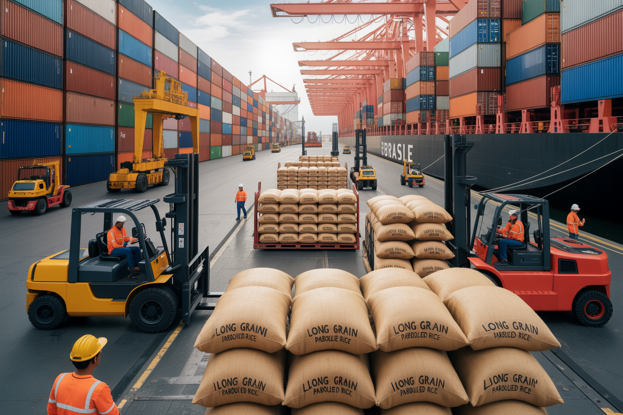 Container loading of Brazilian long grain parboiled rice for export