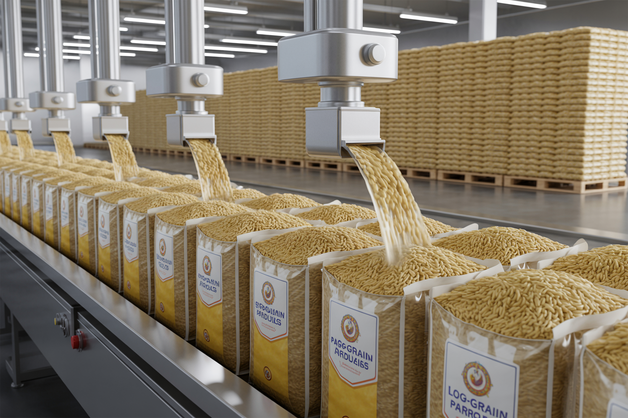 Brazilian rice exporter showcasing long grain parboiled rice packaging line