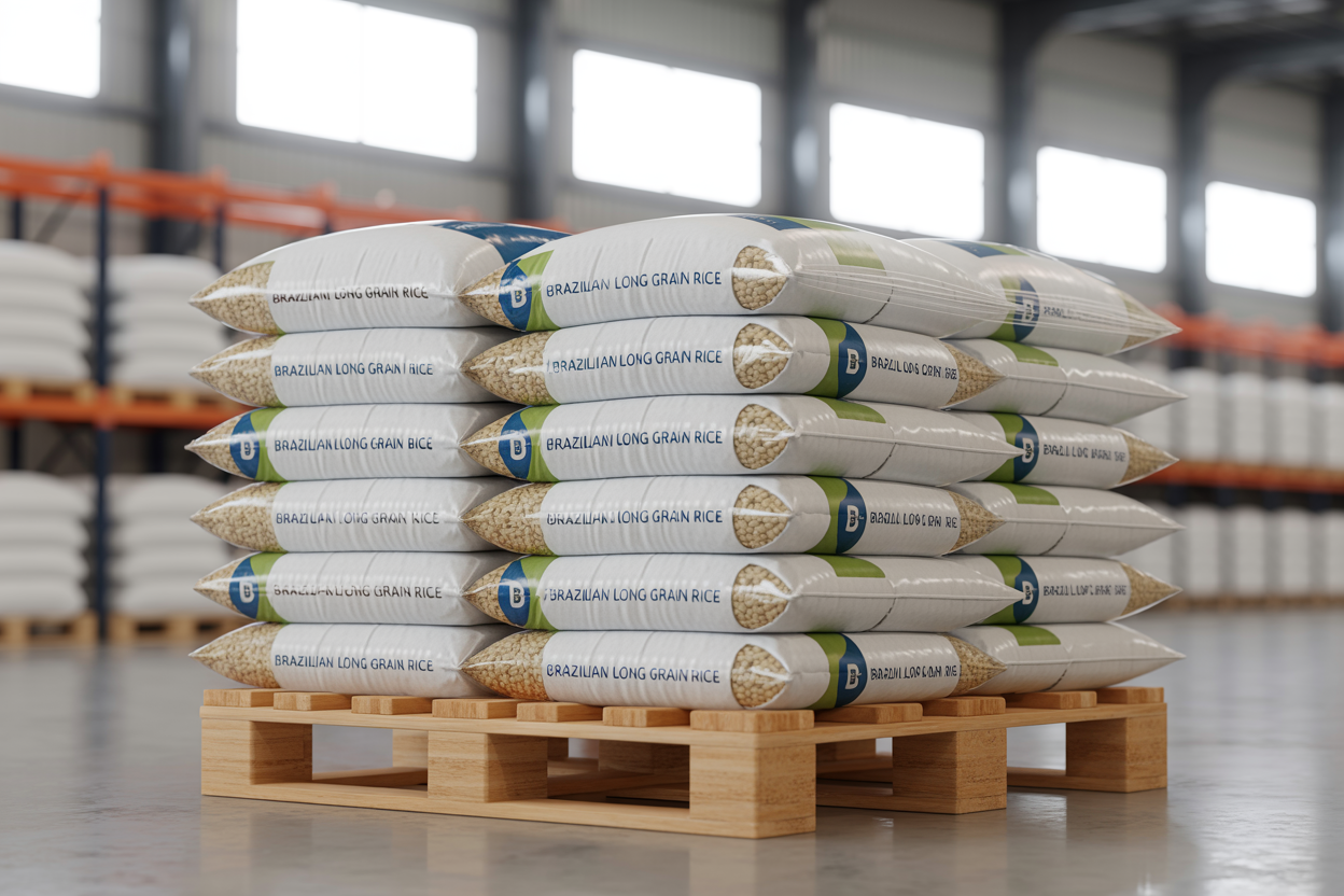 Premium Brazilian long grain rice bags on export pallet