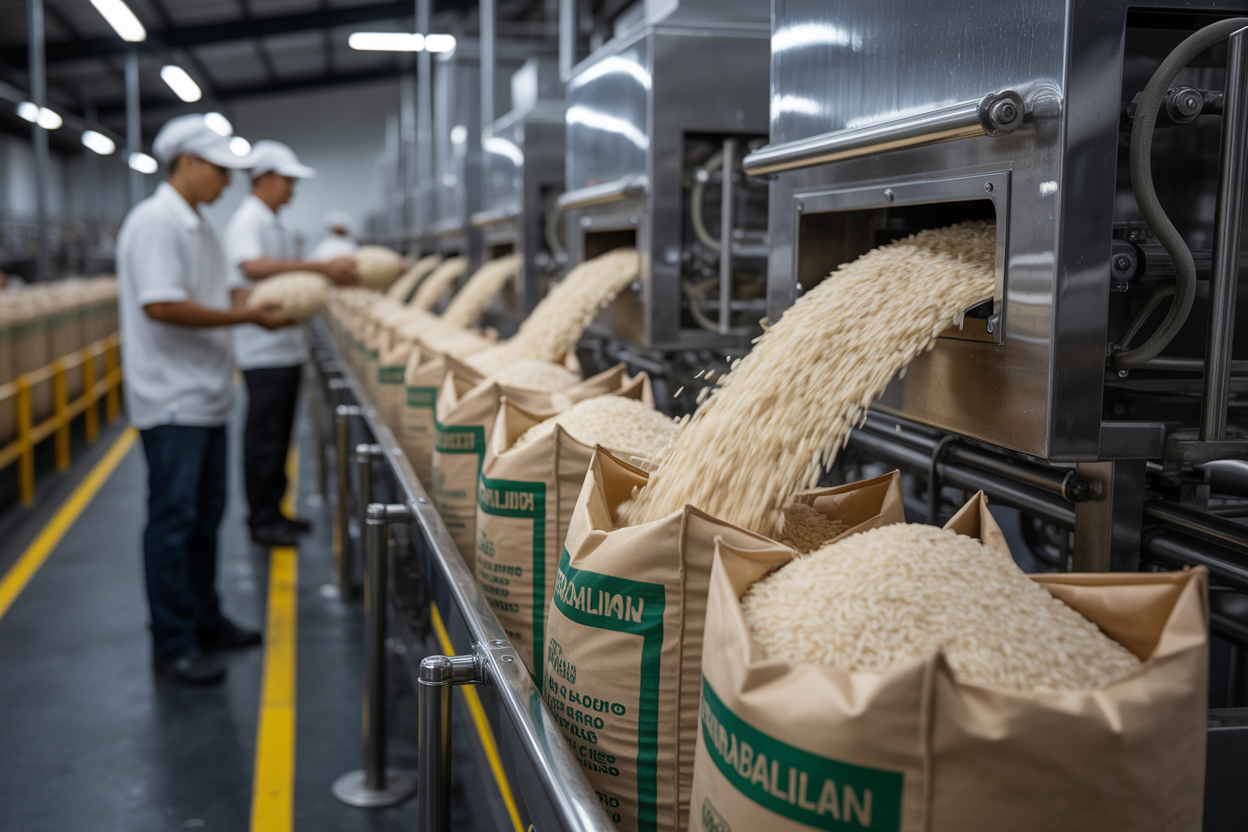 Parboiled Brazilian rice being packaged for international shipment