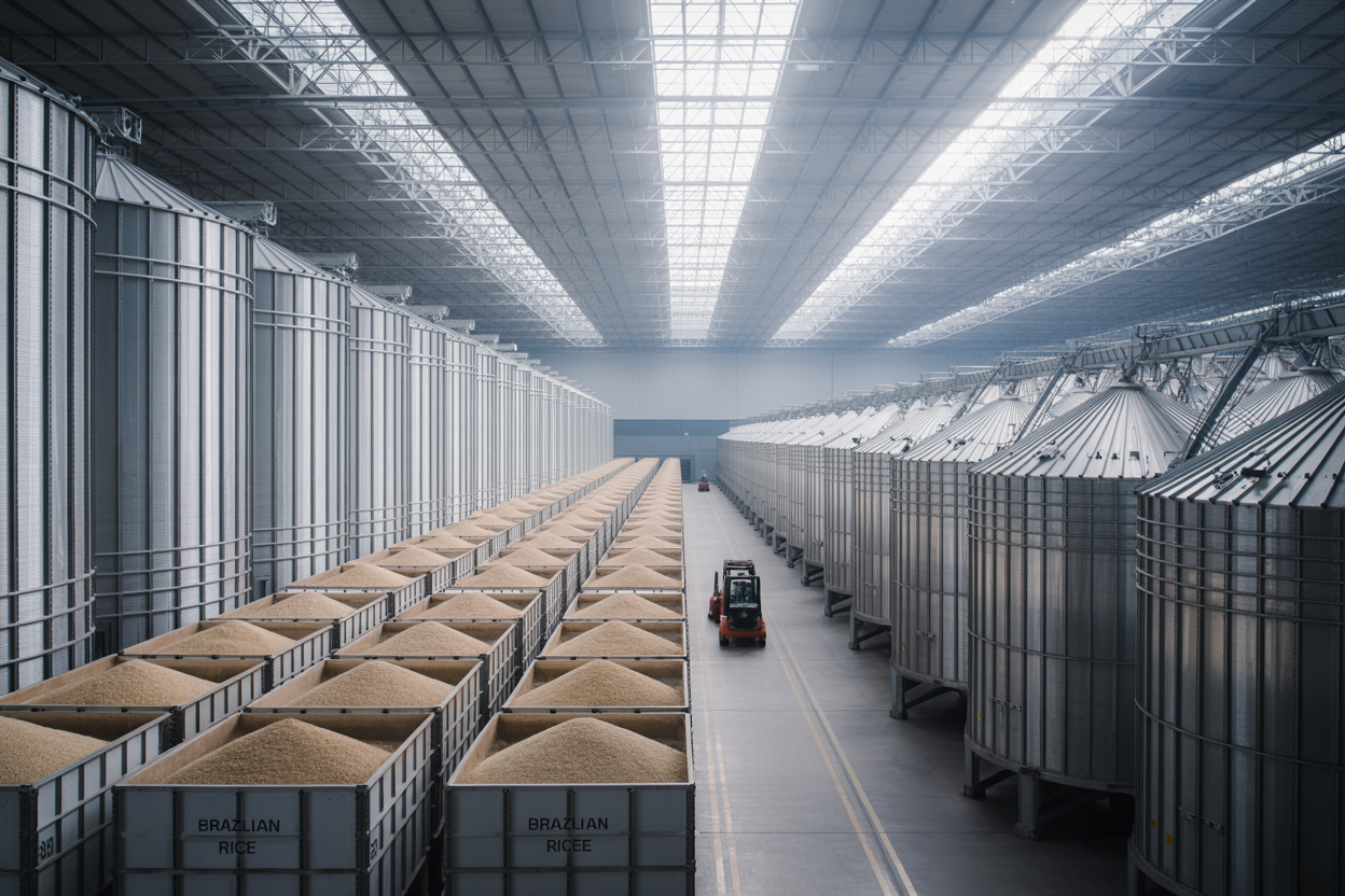 Bulk Brazilian rice stored in modern export warehouse silos