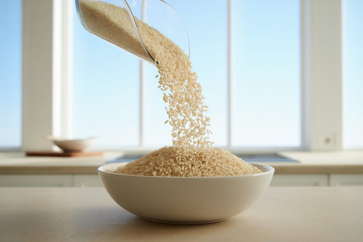 Premium long grain white rice pouring into a ceramic bowl