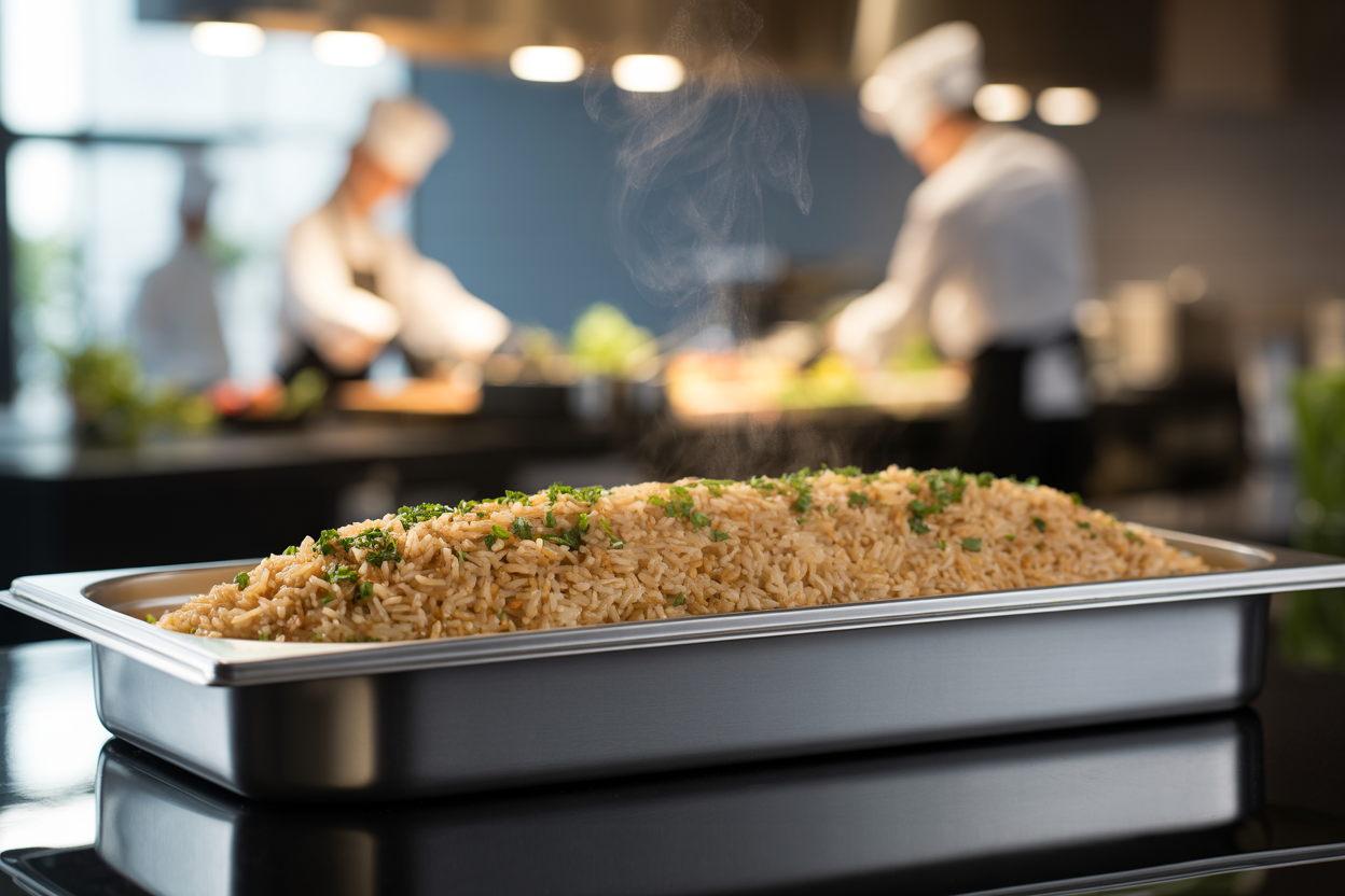 Cooked Brazilian rice served for catering and retail buyers