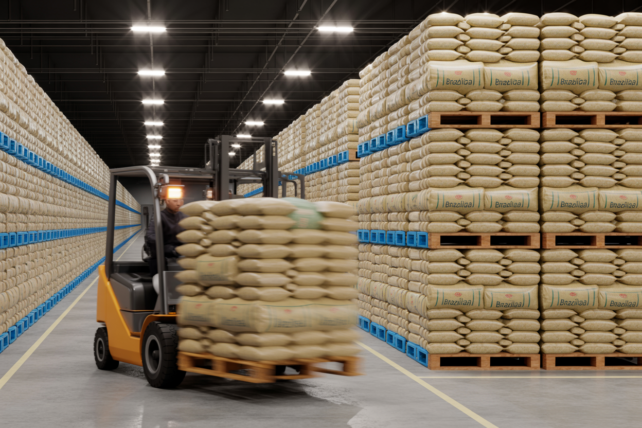 Stacked export rice sacks in Brazilian logistics warehouse