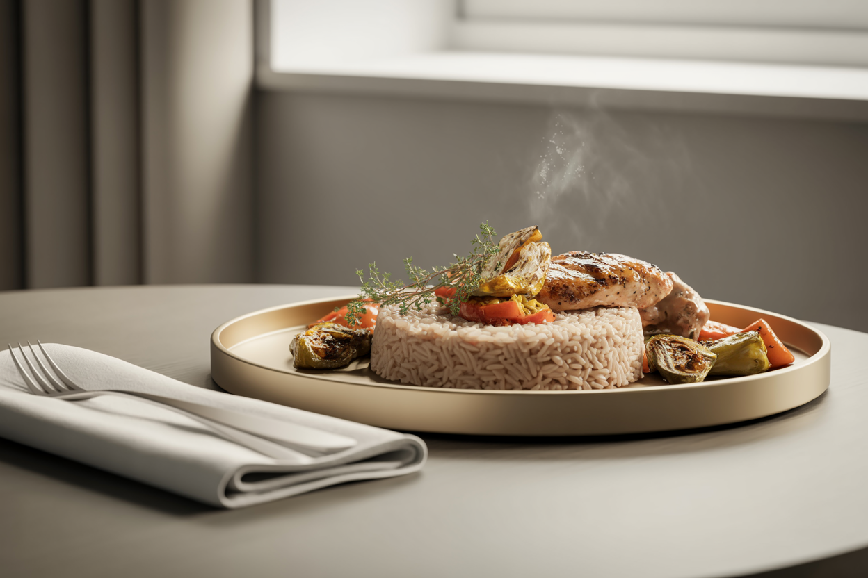 Steamed long grain white rice served with vegetables and chicken
