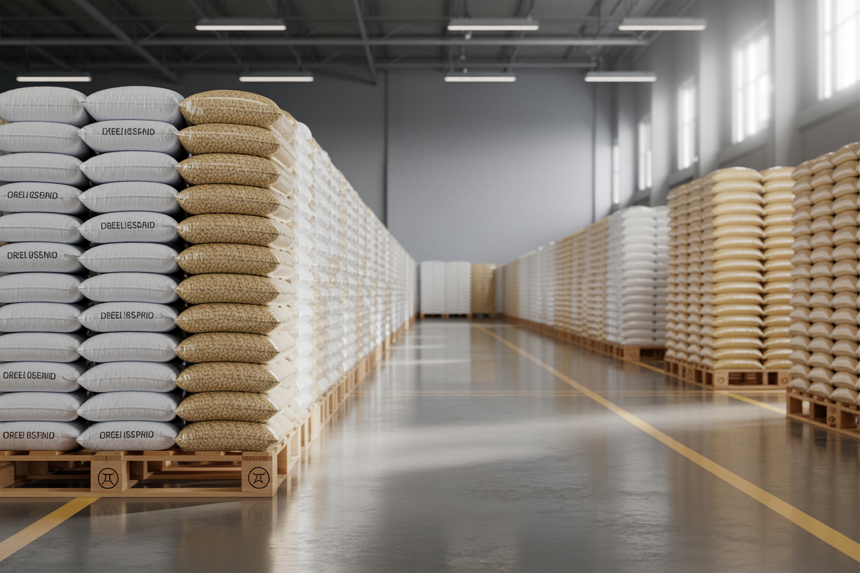 Packaged Brazilian long grain white rice sacks in warehouse