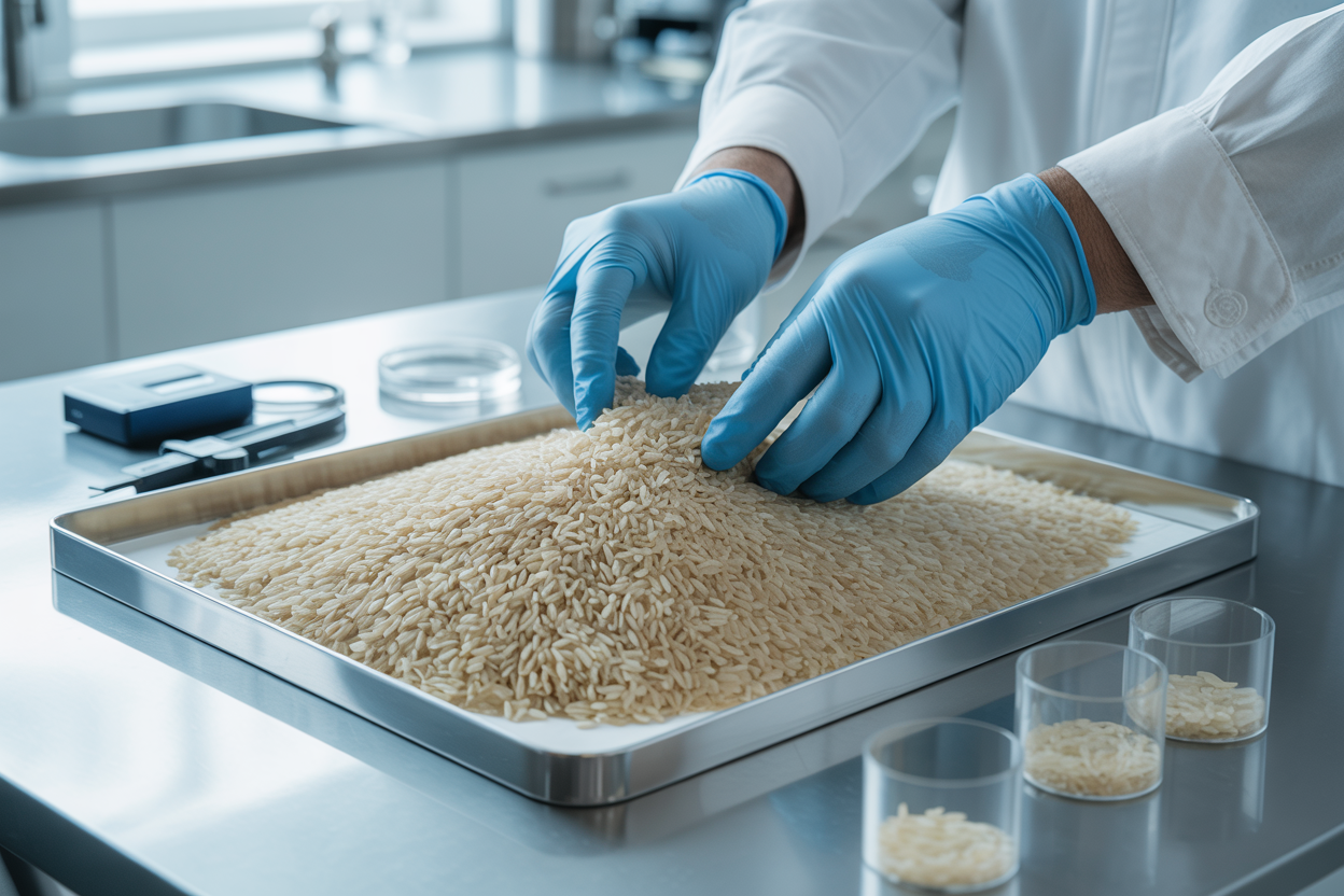 Quality inspection of long grain white rice in laboratory setting
