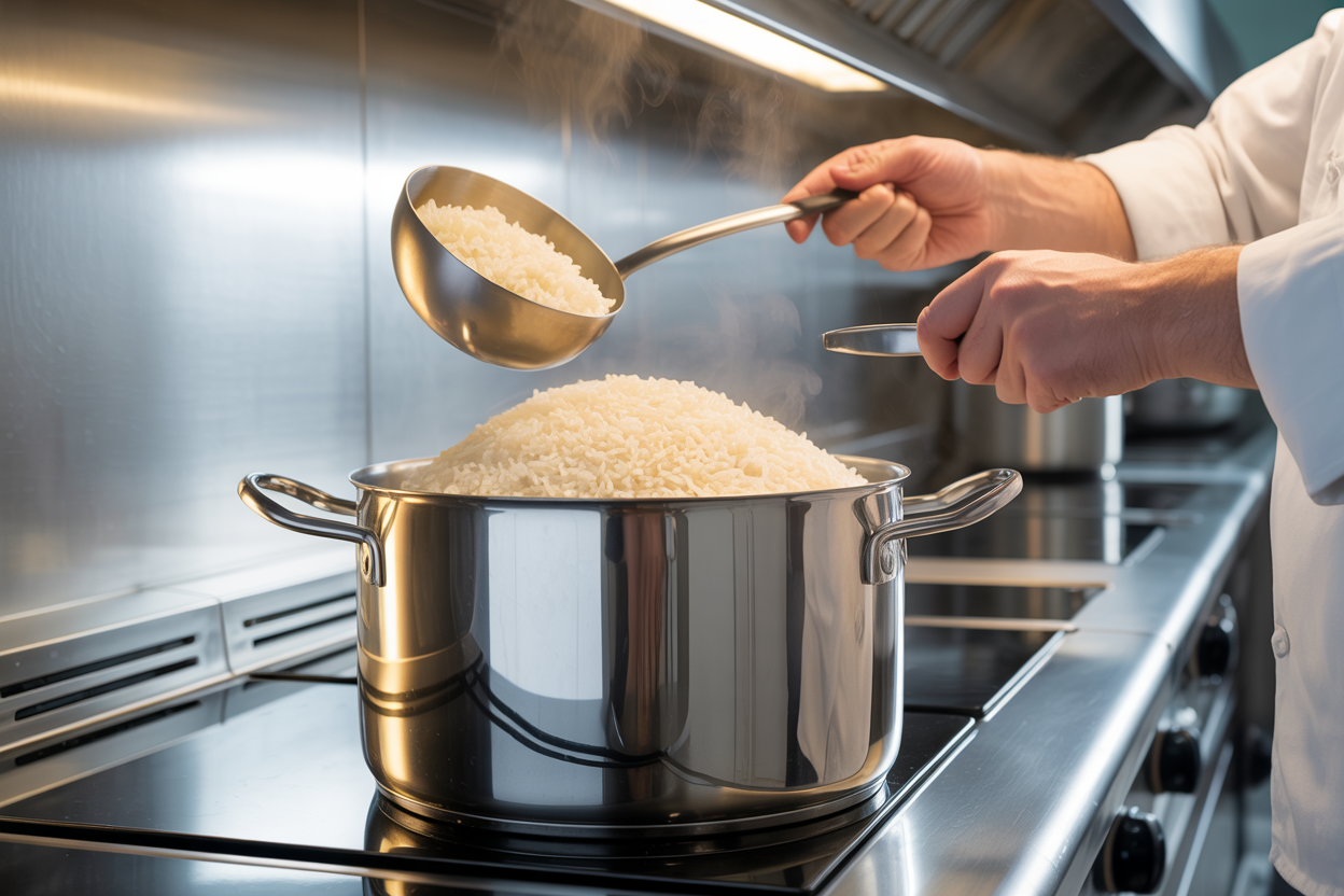Long grain white rice cooking in stainless steel industrial kitchen