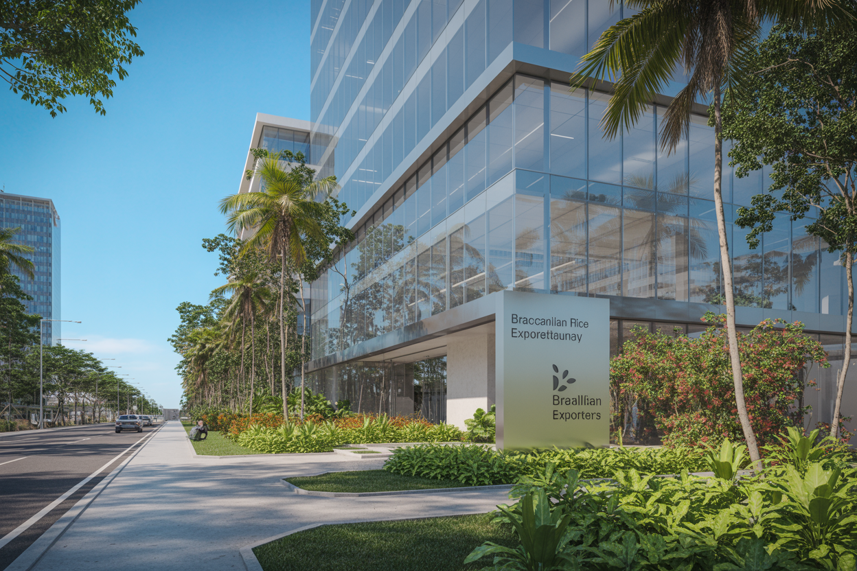 Brazilian rice exporter corporate office exterior with modern glass facade