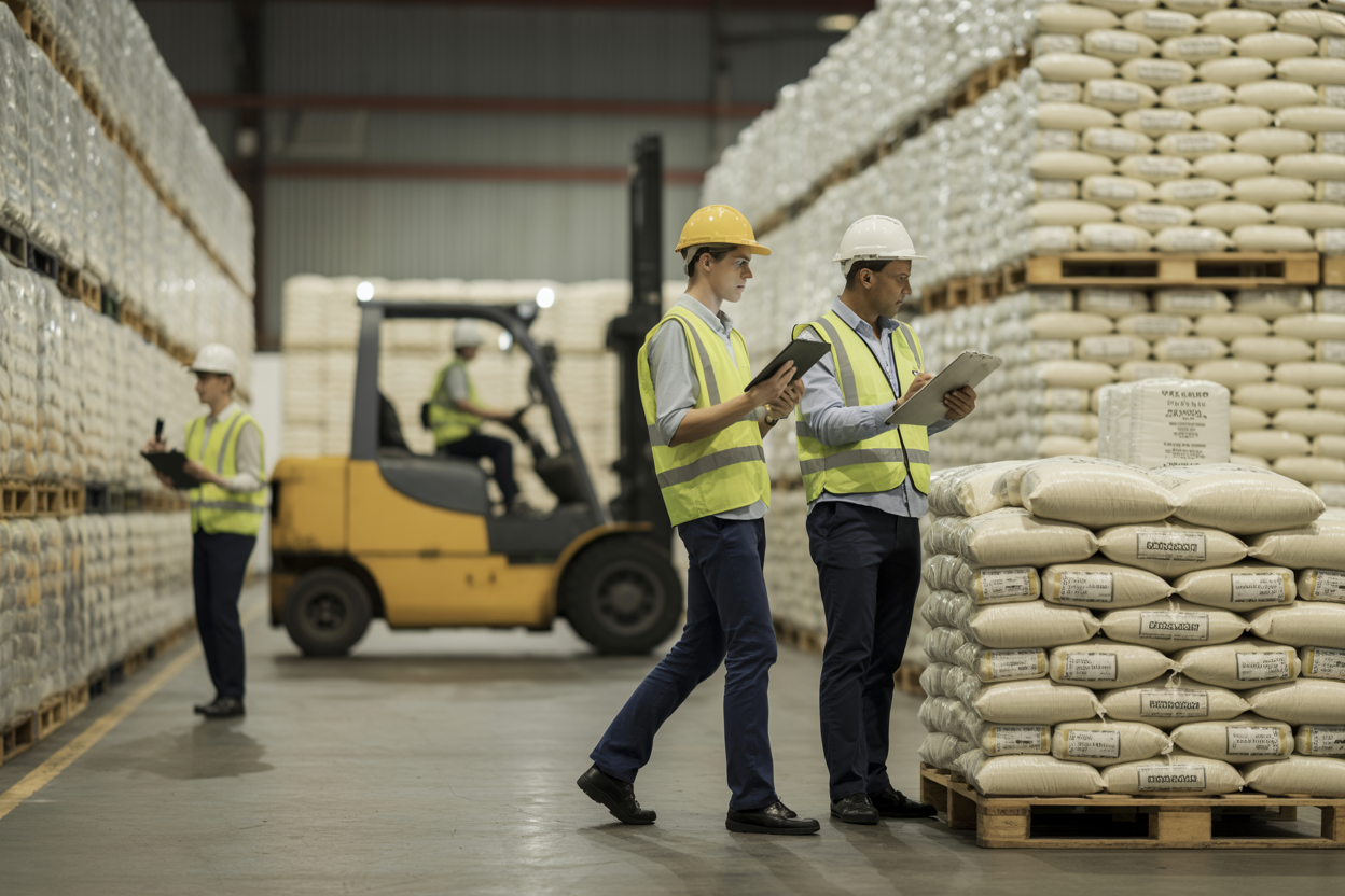 Brazilian rice exporter warehouse team coordinating export loading