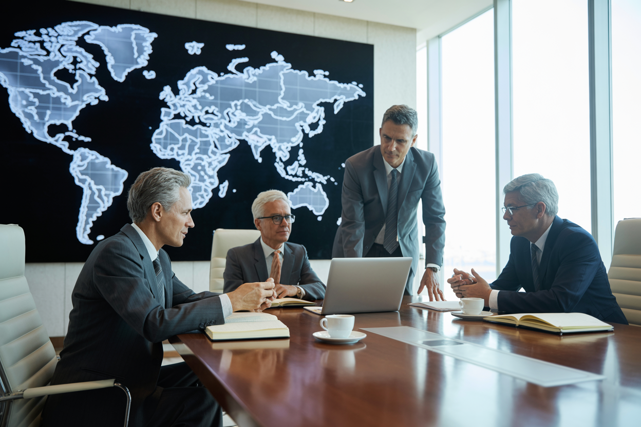 Brazilian rice exporter executives in a modern boardroom discussion