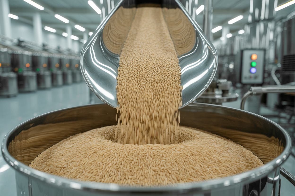 Parboiled brown rice grains pouring from industrial processing line