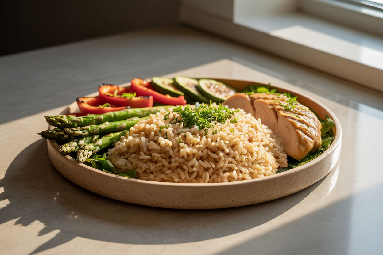 Long grain parboiled brown rice served in healthy meal bowl