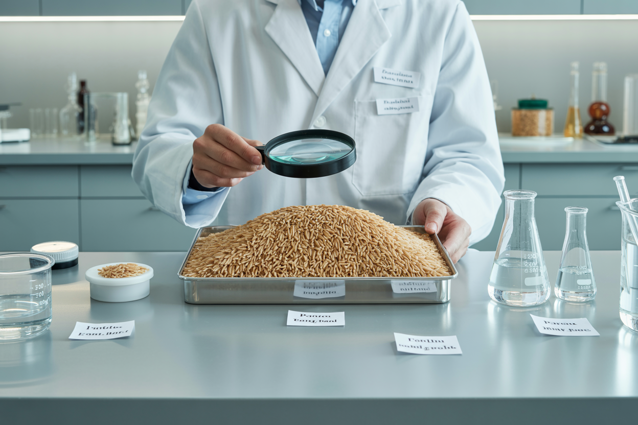 Worker inspecting long grain parboiled brown rice in laboratory