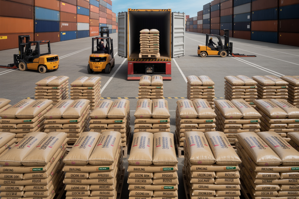 Stacks of branded rice bags ready for Brazilian export shipping