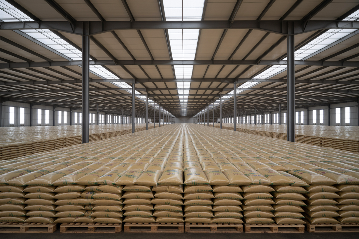 Brazilian rice warehouse with long grain parboiled brown rice pallets