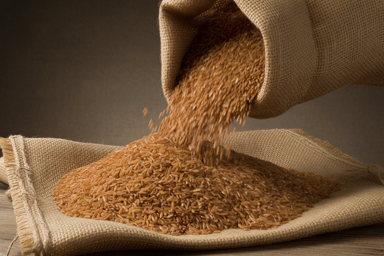 Premium long grain parboiled brown rice flowing into burlap sack