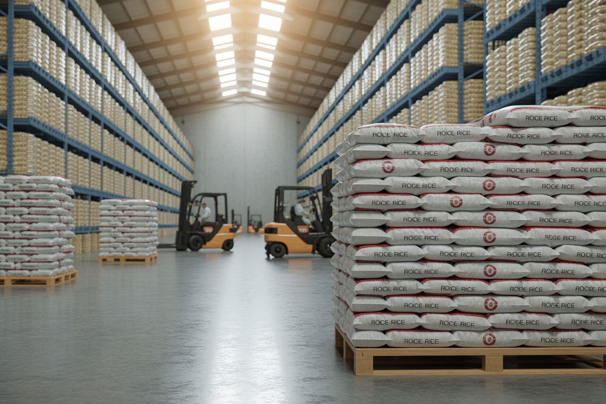 Modern Brazilian rice export warehouse with packaged rice and pallets