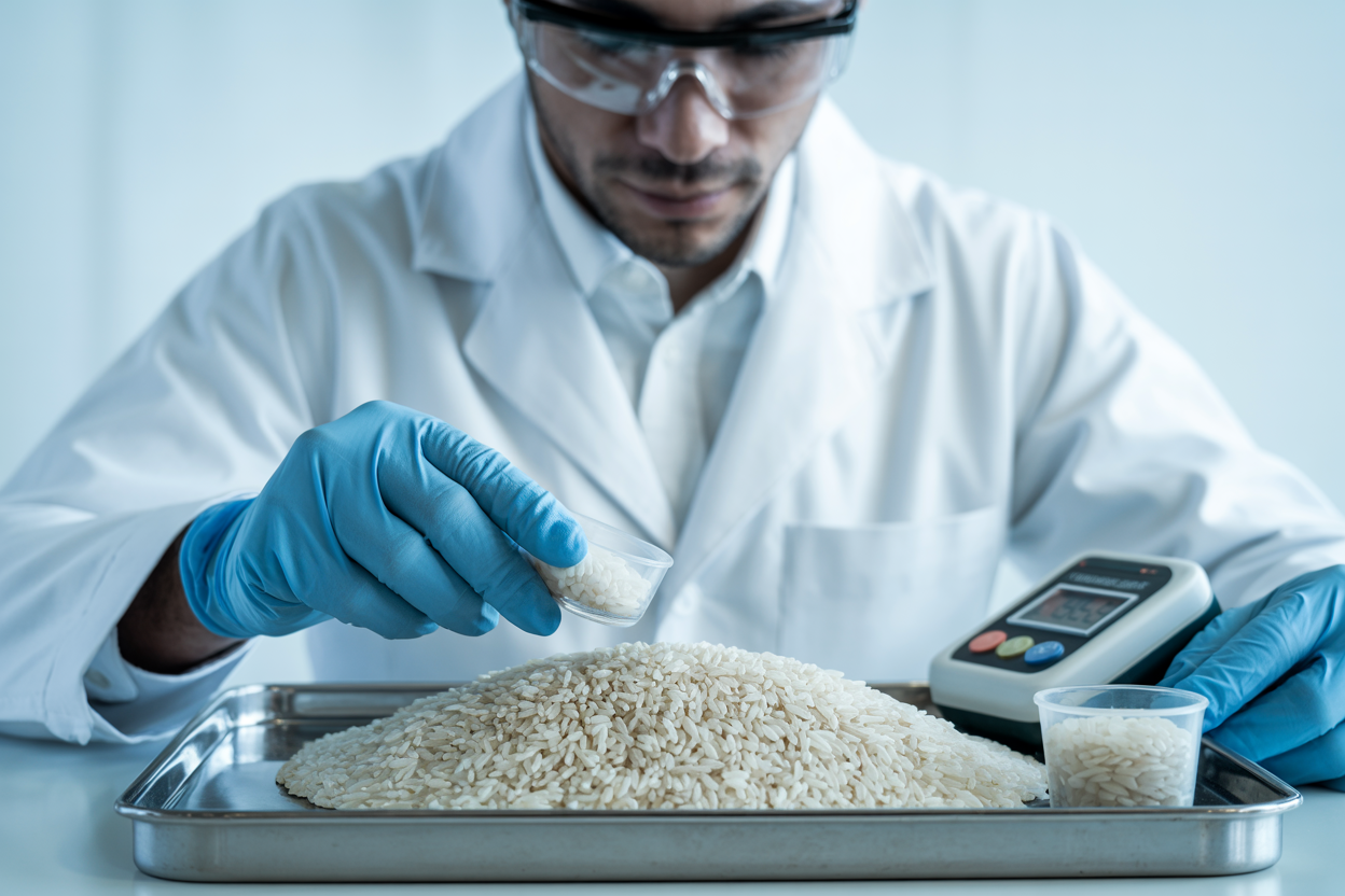 Quality control inspection of premium Brazilian rice grains in laboratory