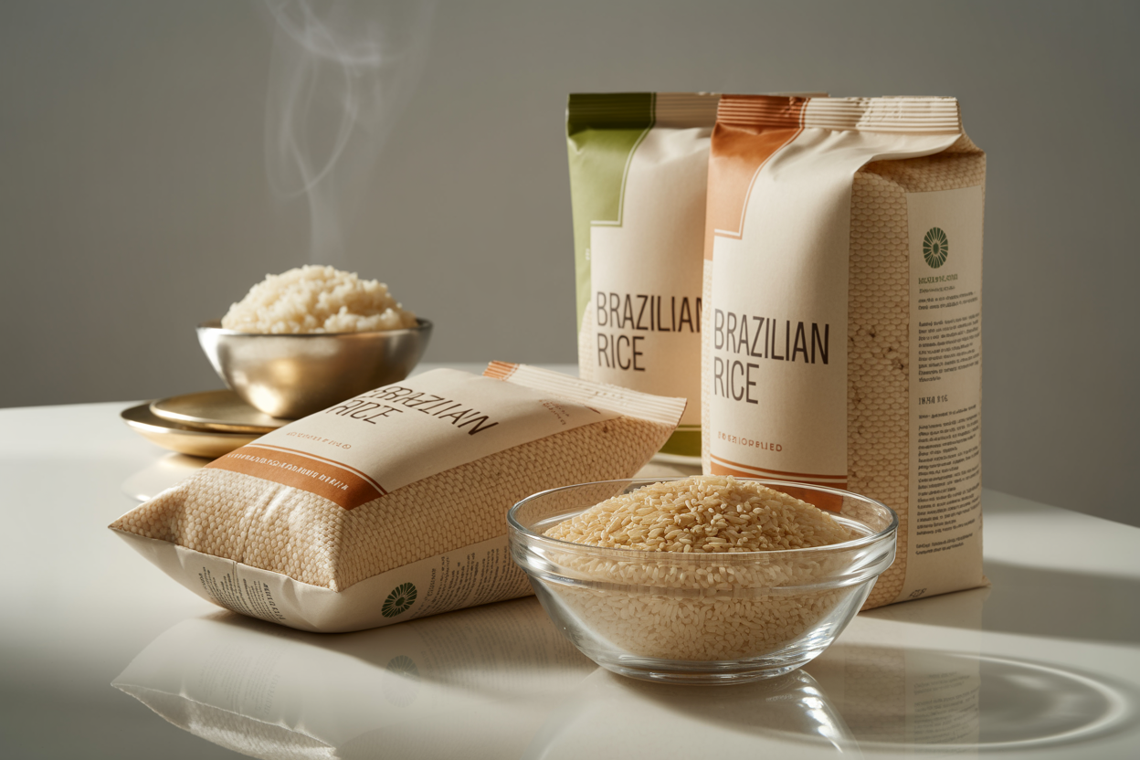 Premium Brazilian rice product display with polished grains and packaging