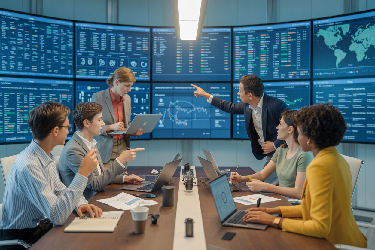 Brazilian rice export team coordinating operations in modern control room