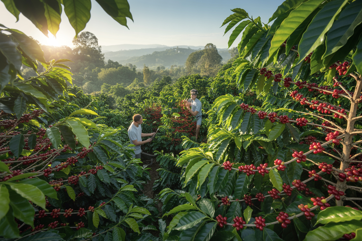 Arabica coffee plantation with ripe cherries for global export