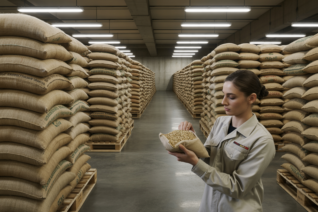 Green coffee beans in export sacks inside modern warehouse