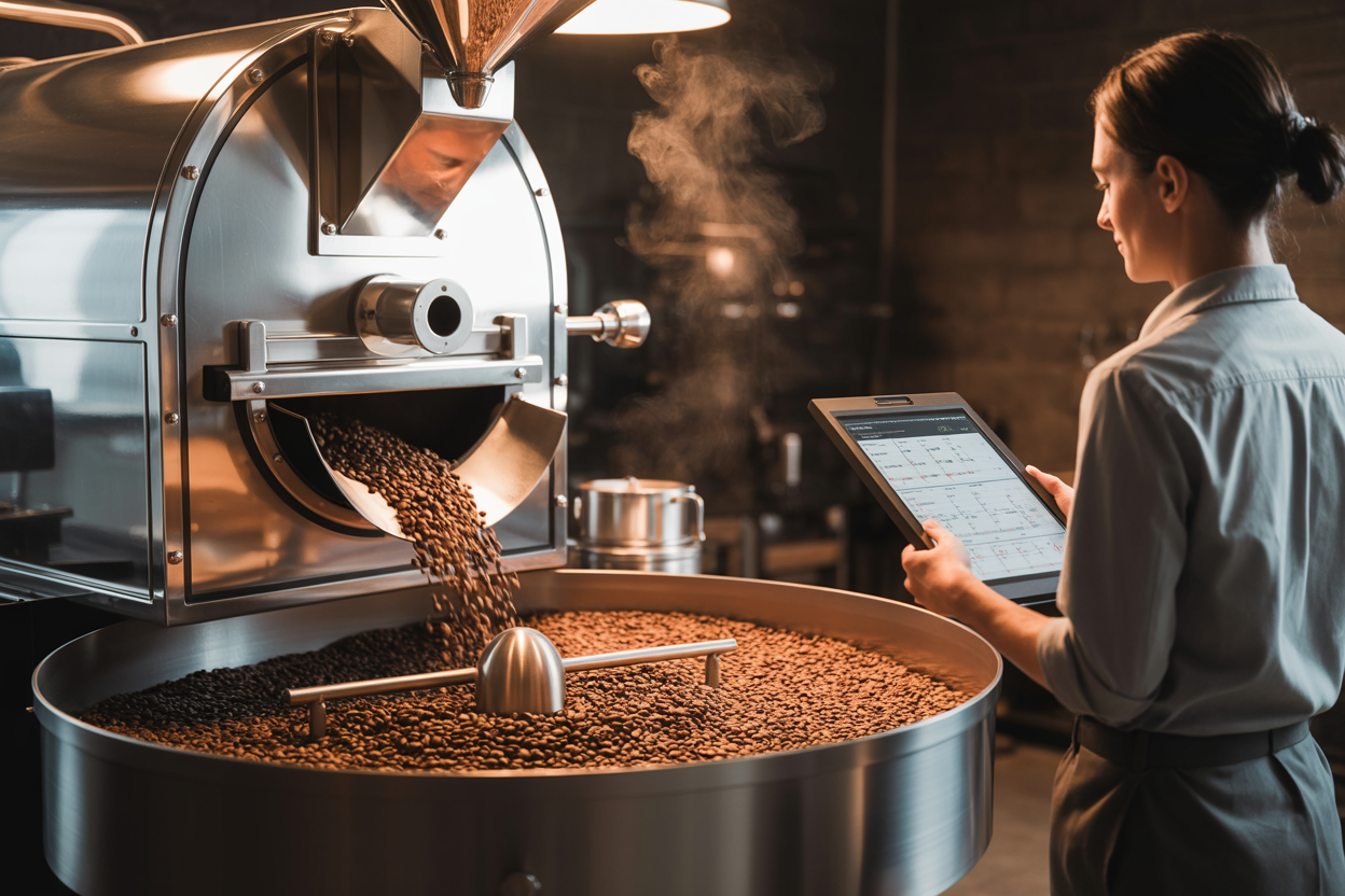 Roasted arabica coffee beans moving through industrial roasting facility