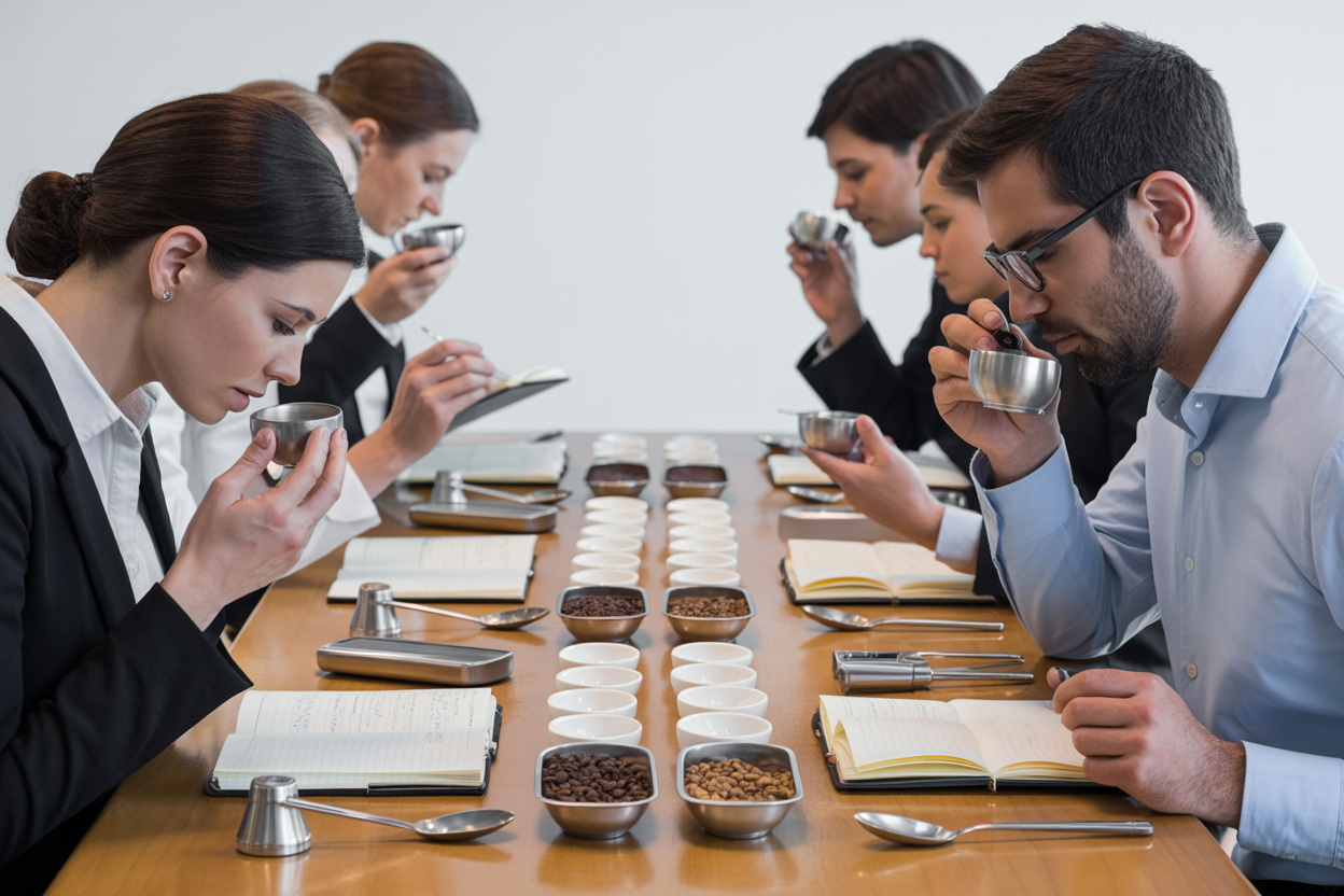 Coffee cupping quality control team evaluating arabica export samples