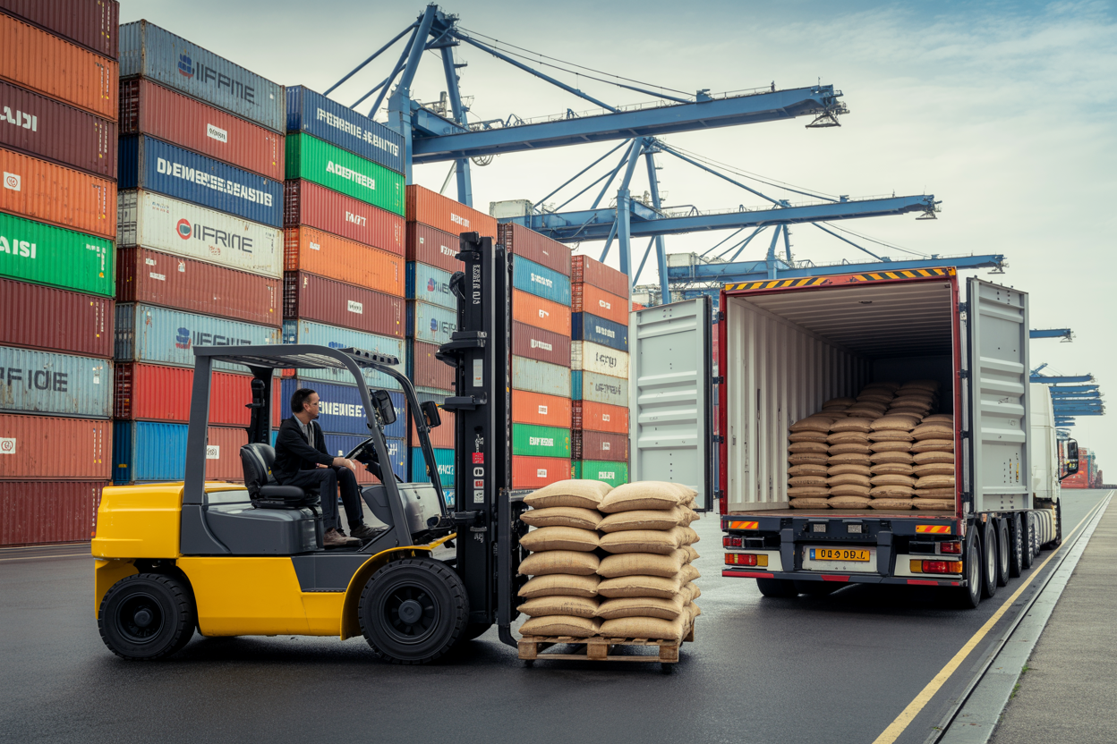 Global coffee logistics with shipping containers and export trucks