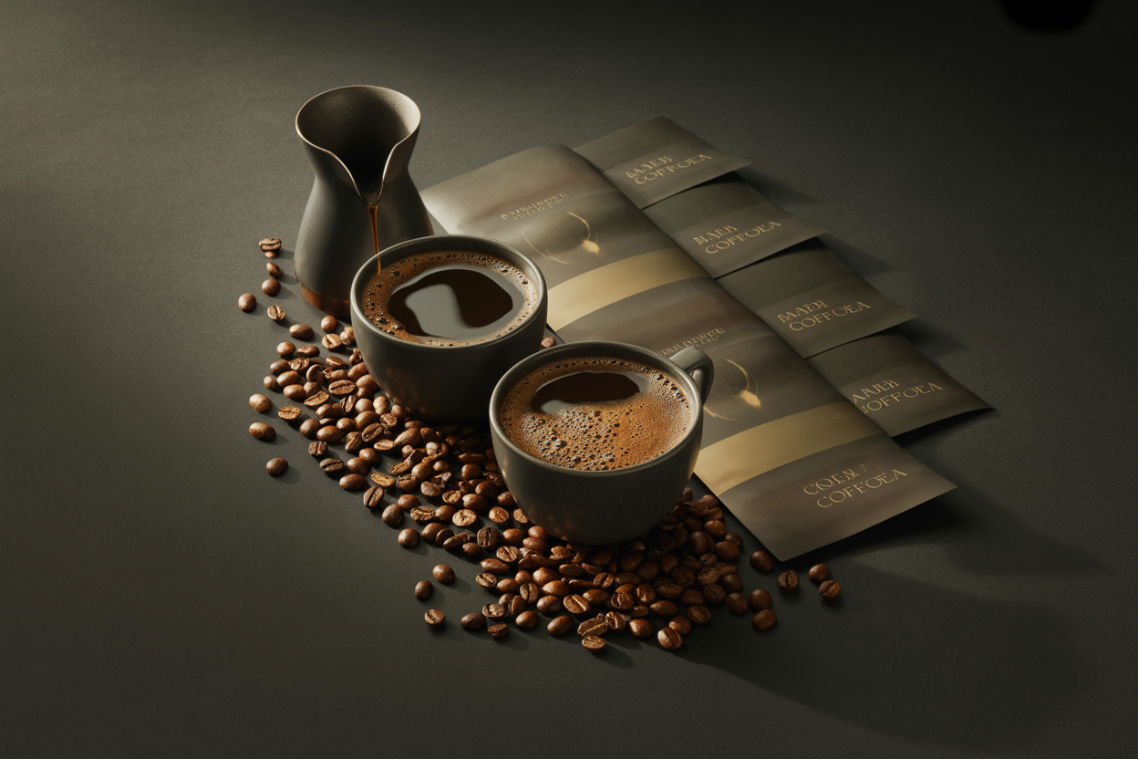 Premium roasted coffee cups styled for international commercial branding