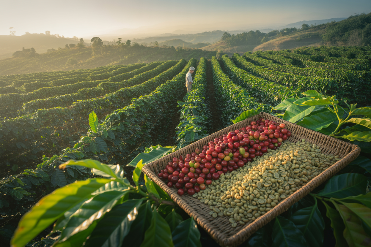 Arabica green coffee cherries on plantation with quality inspection