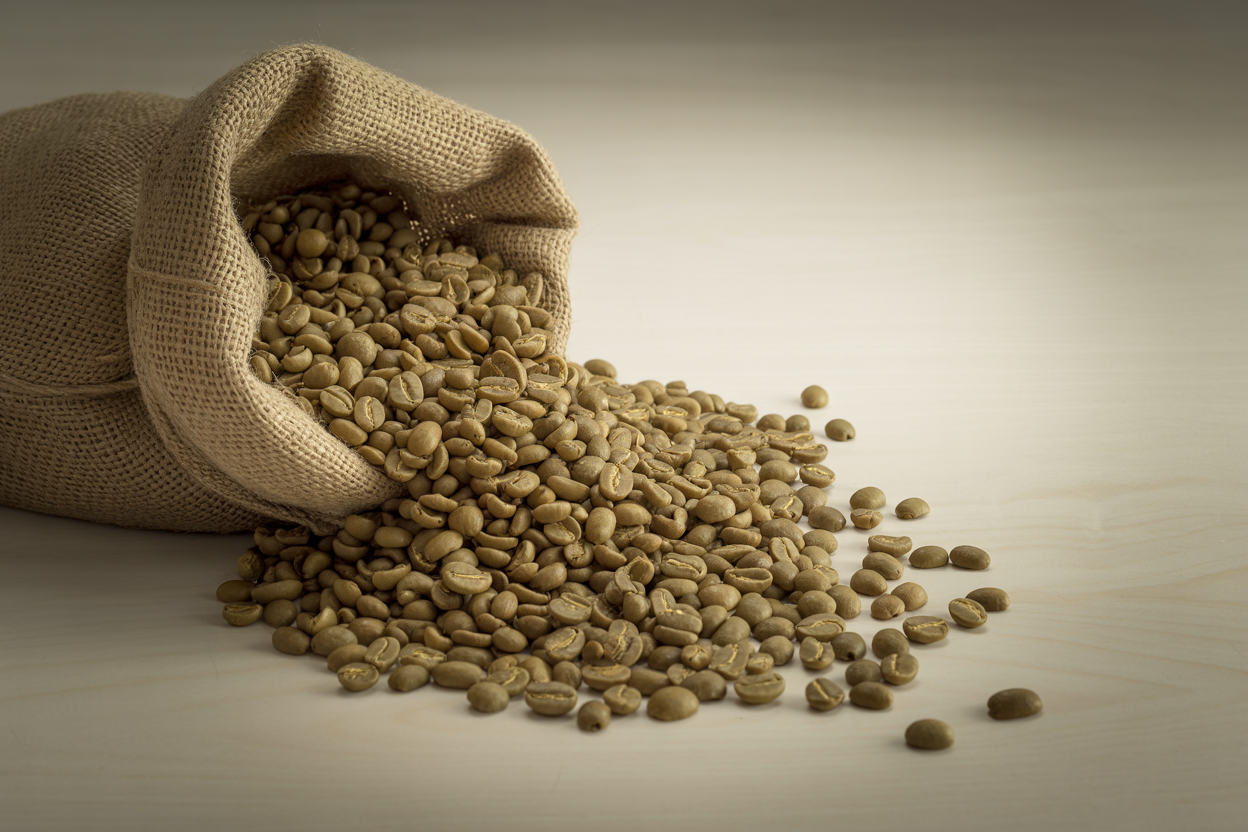 Premium Arabica green coffee beans in burlap sack close-up