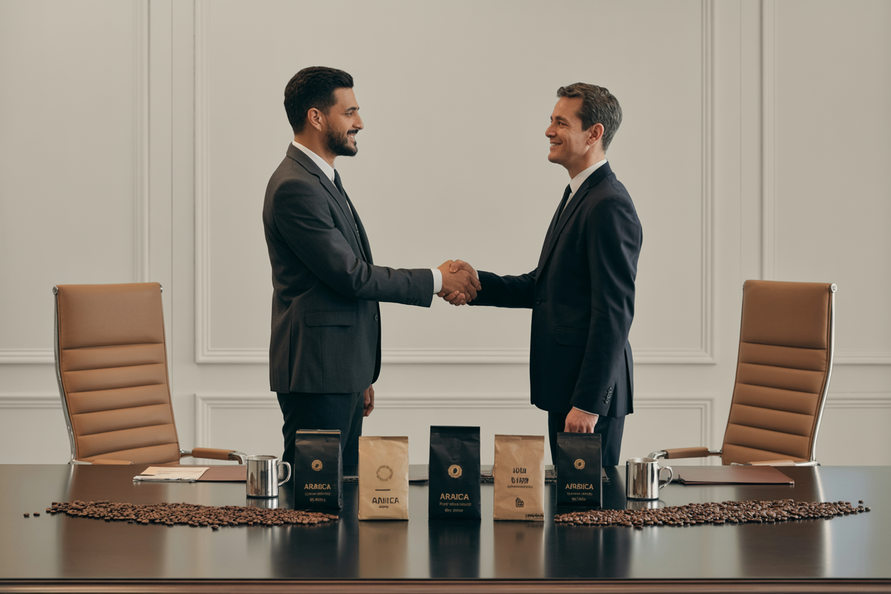 International business handshake at Arabica Coffee export office