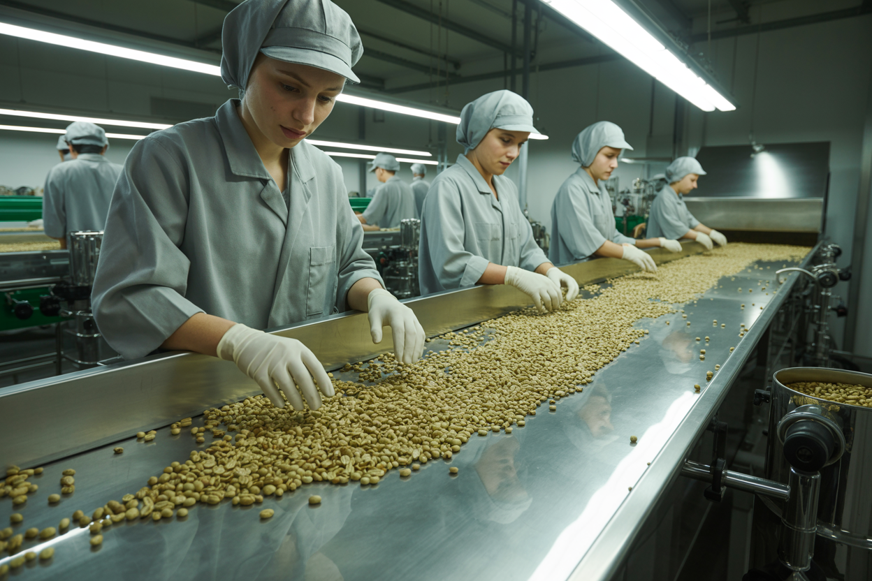 Workers sorting Arabica green coffee beans in export facility