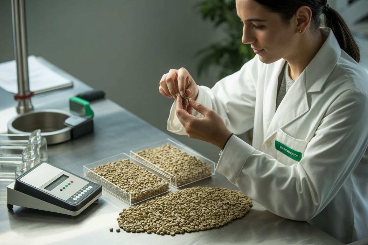 Arabica green coffee beans quality control in laboratory