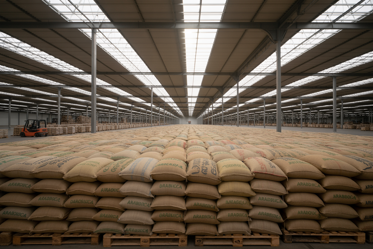 Export-ready Arabica green coffee sacks stacked in warehouse
