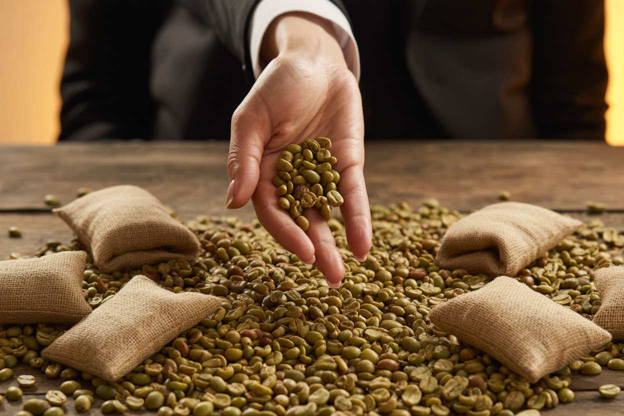 Hand holding Arabica green coffee beans for product showcase