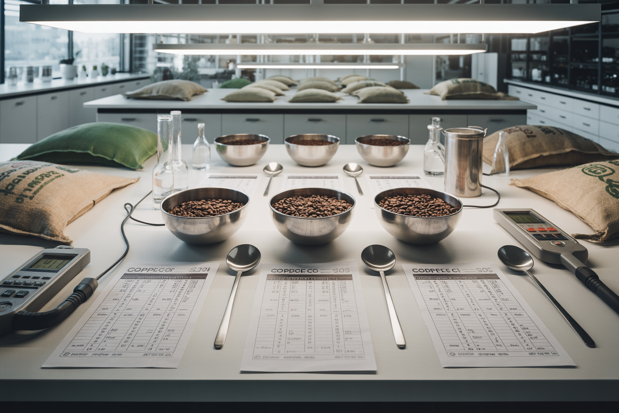Arabica green coffee cupping table with samples and tools