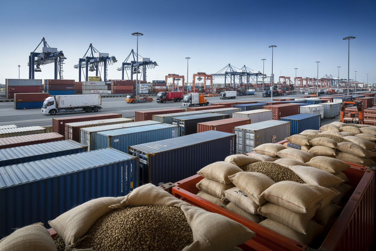 Global Arabica green coffee export containers at port
