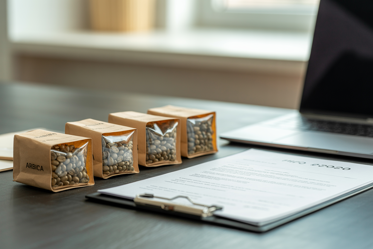Arabica green coffee beans displayed beside export documents