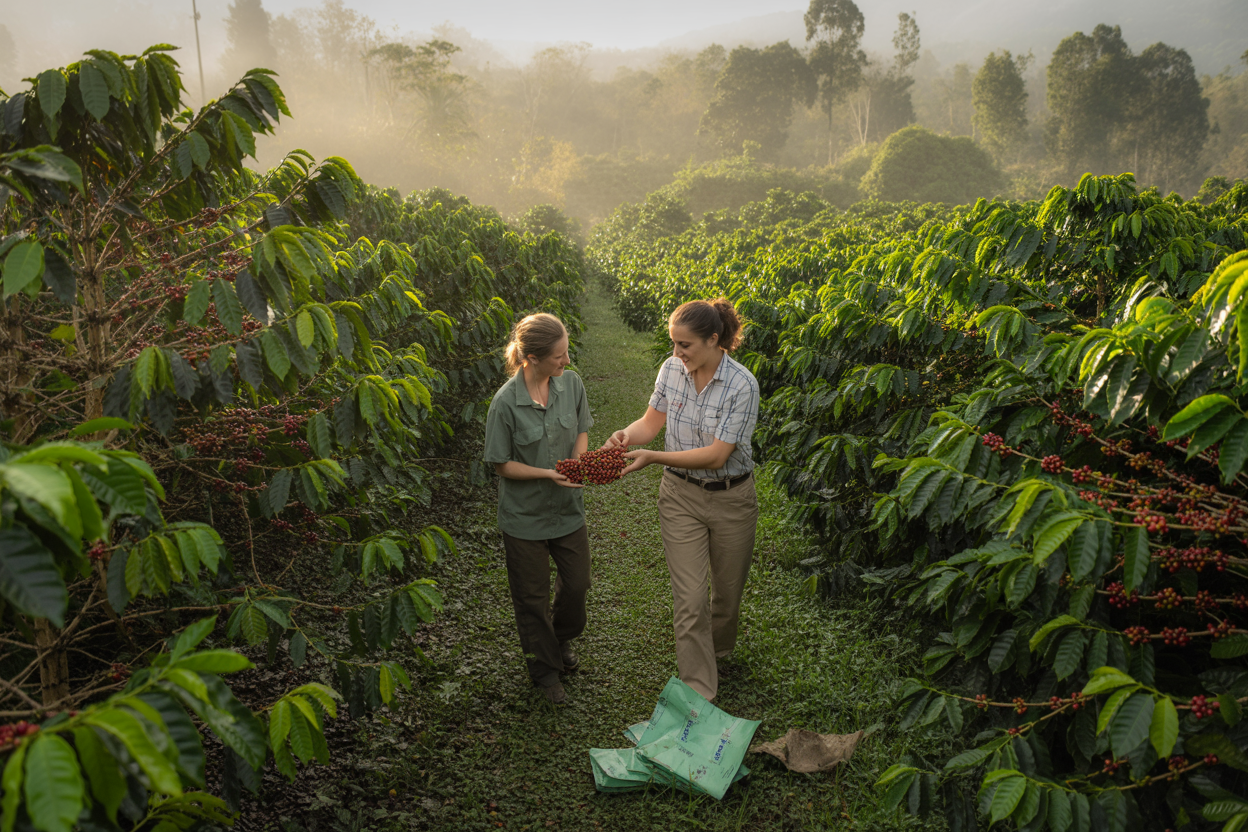 Coffee plantation workers inspecting Arabica green coffee harvest